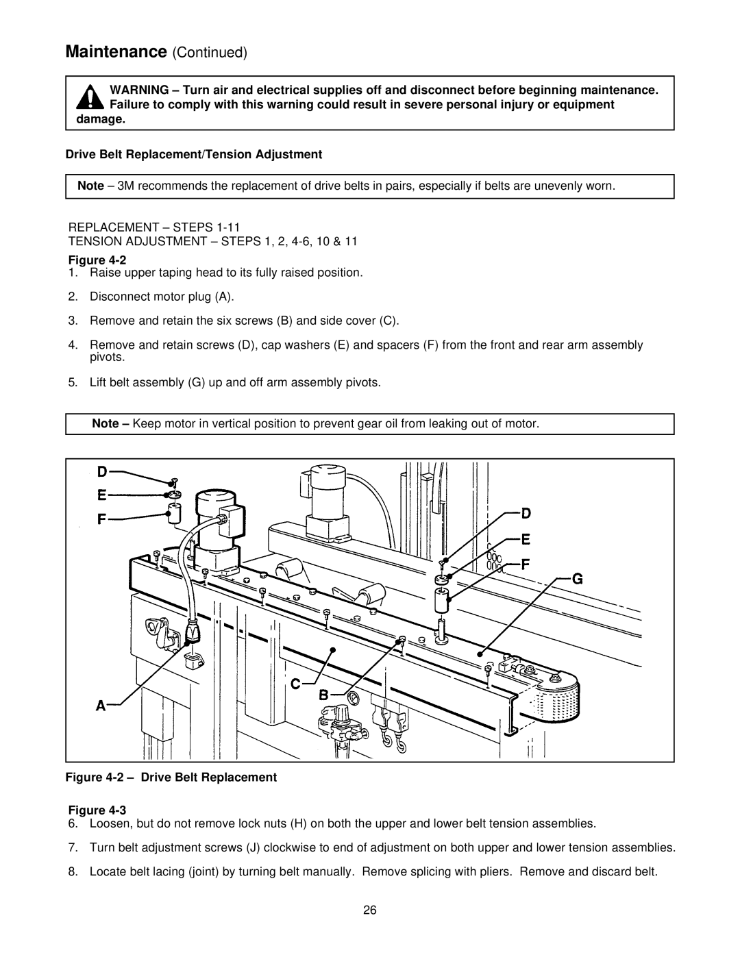 3M 39600 manual Damage Drive Belt Replacement/Tension Adjustment 