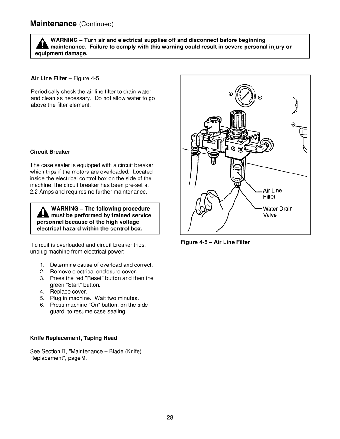 3M 39600 manual Equipment damage Air Line Filter -5, Circuit Breaker, Knife Replacement, Taping Head 