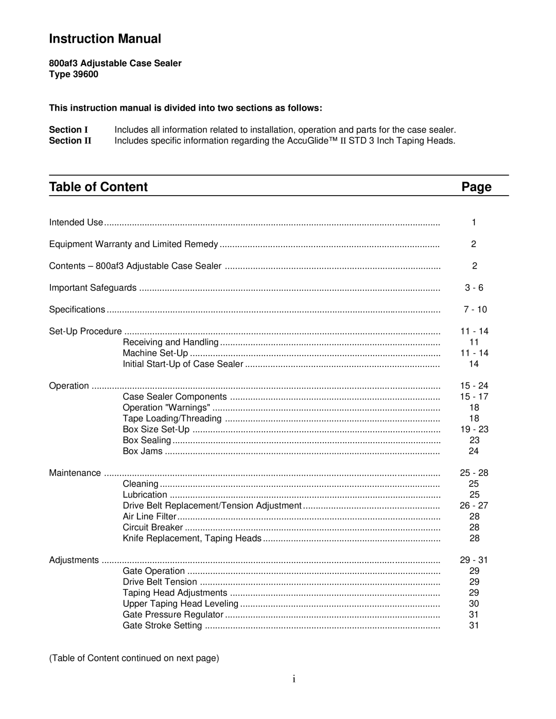 3M 39600 manual Table of Content, 800af3 Adjustable Case Sealer Type 