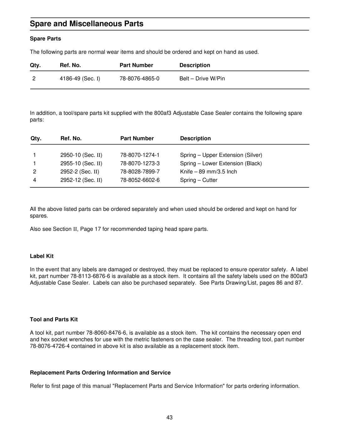 3M 39600 manual Spare and Miscellaneous Parts 