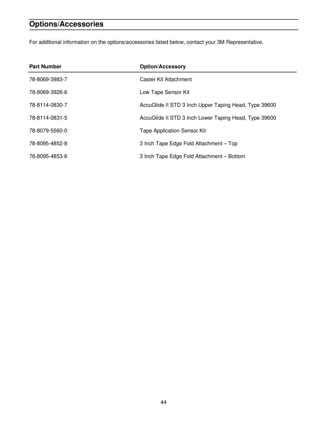 3M 39600 manual Options/Accessories, Part Number Option/Accessory 