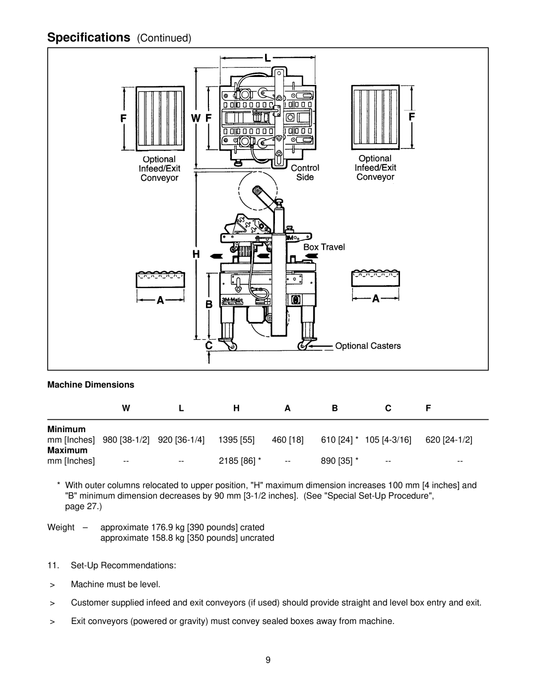 3M 39600 manual Machine Dimensions Minimum, Maximum 