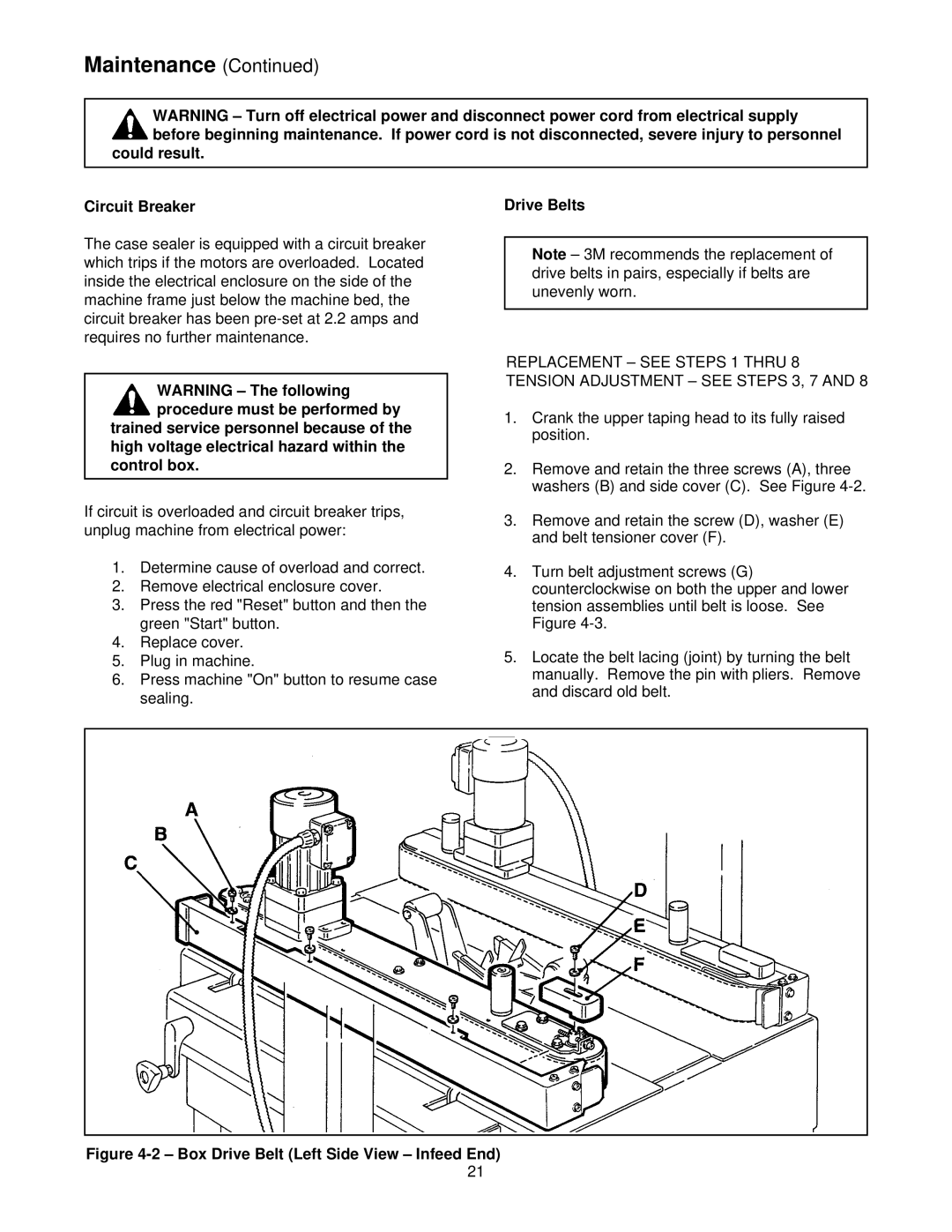 3M 39600 manual Could result Circuit Breaker Drive Belts, Box Drive Belt Left Side View Infeed End 