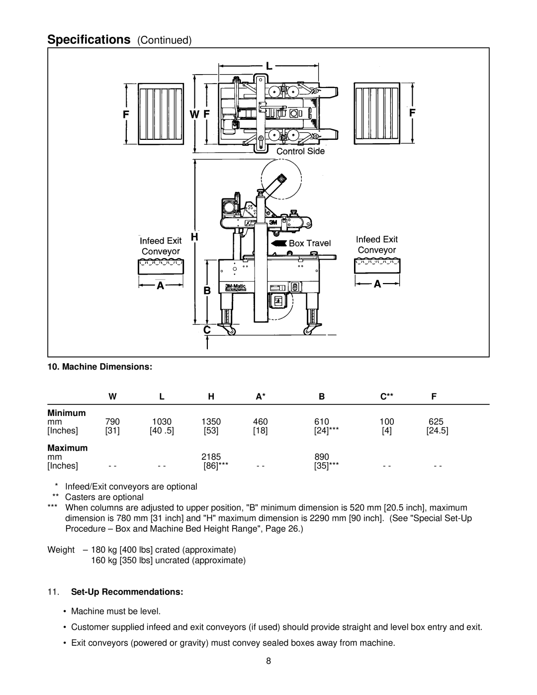 3M 39600 manual Machine Dimensions Minimum, Set-Up Recommendations 