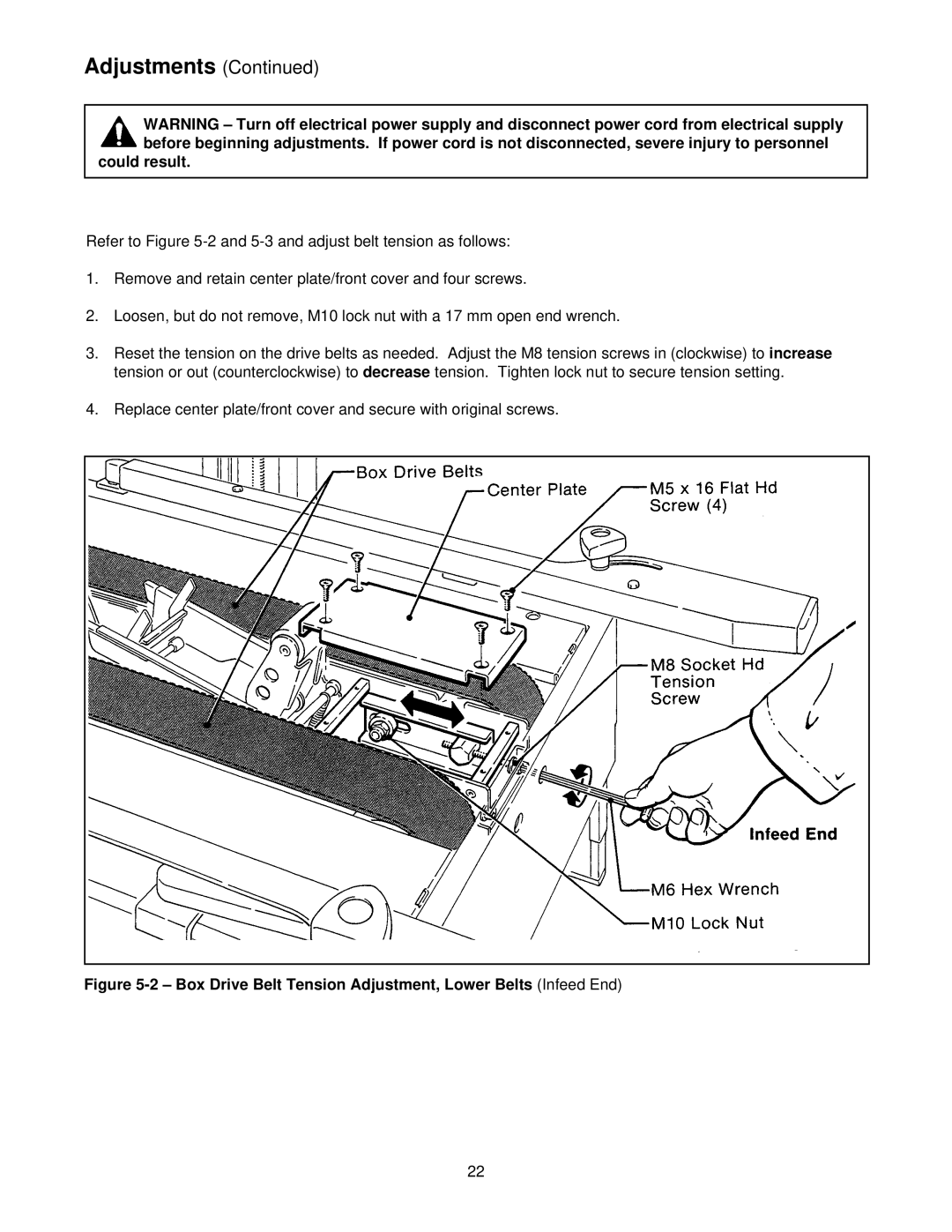 3M 39600 manual Could result, Box Drive Belt Tension Adjustment, Lower BeltsInfeed End 