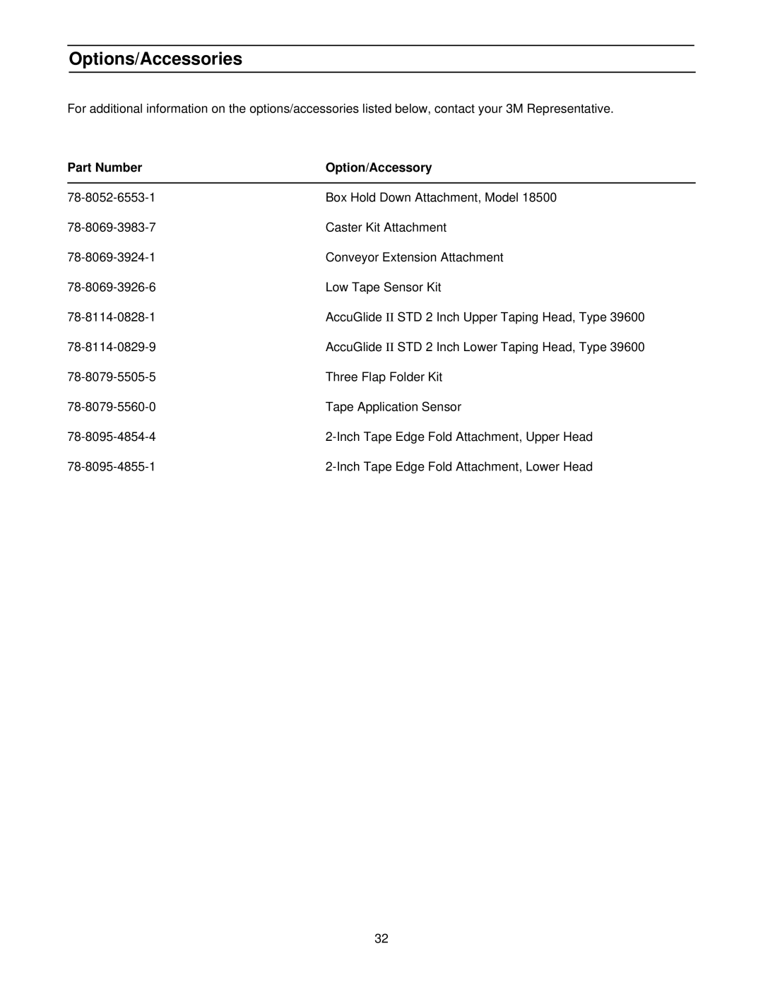 3M 39600 manual Options/Accessories, Part Number Option/Accessory 