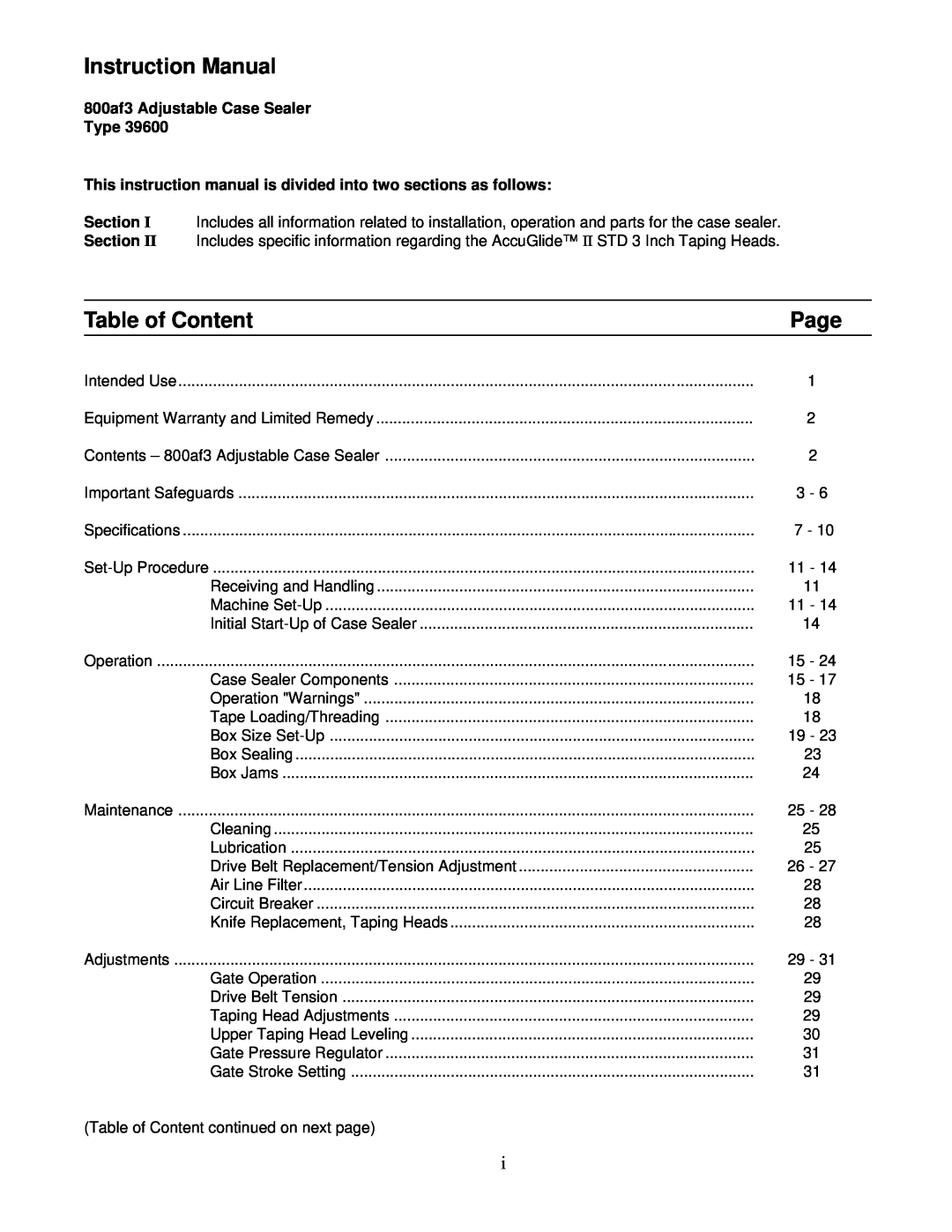 3M 39600 manual Instruction Manual, Table of Content, Page 