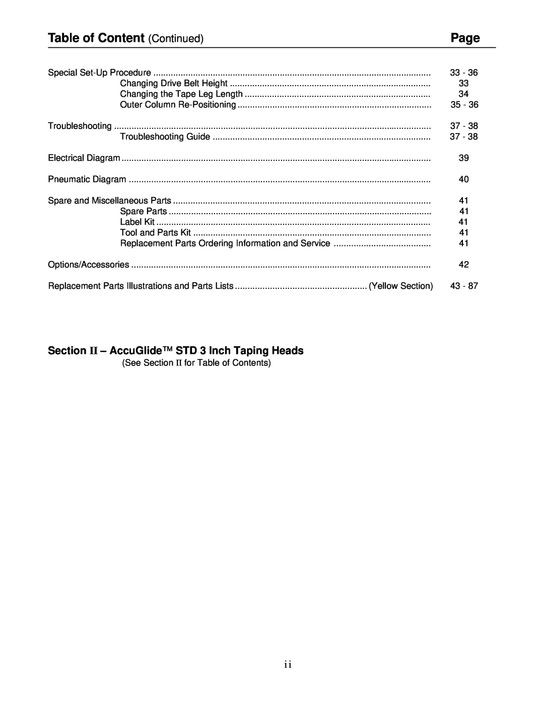 3M 39600 manual Table of Content Continued, Page, Section II - AccuGlide STD 3 Inch Taping Heads 