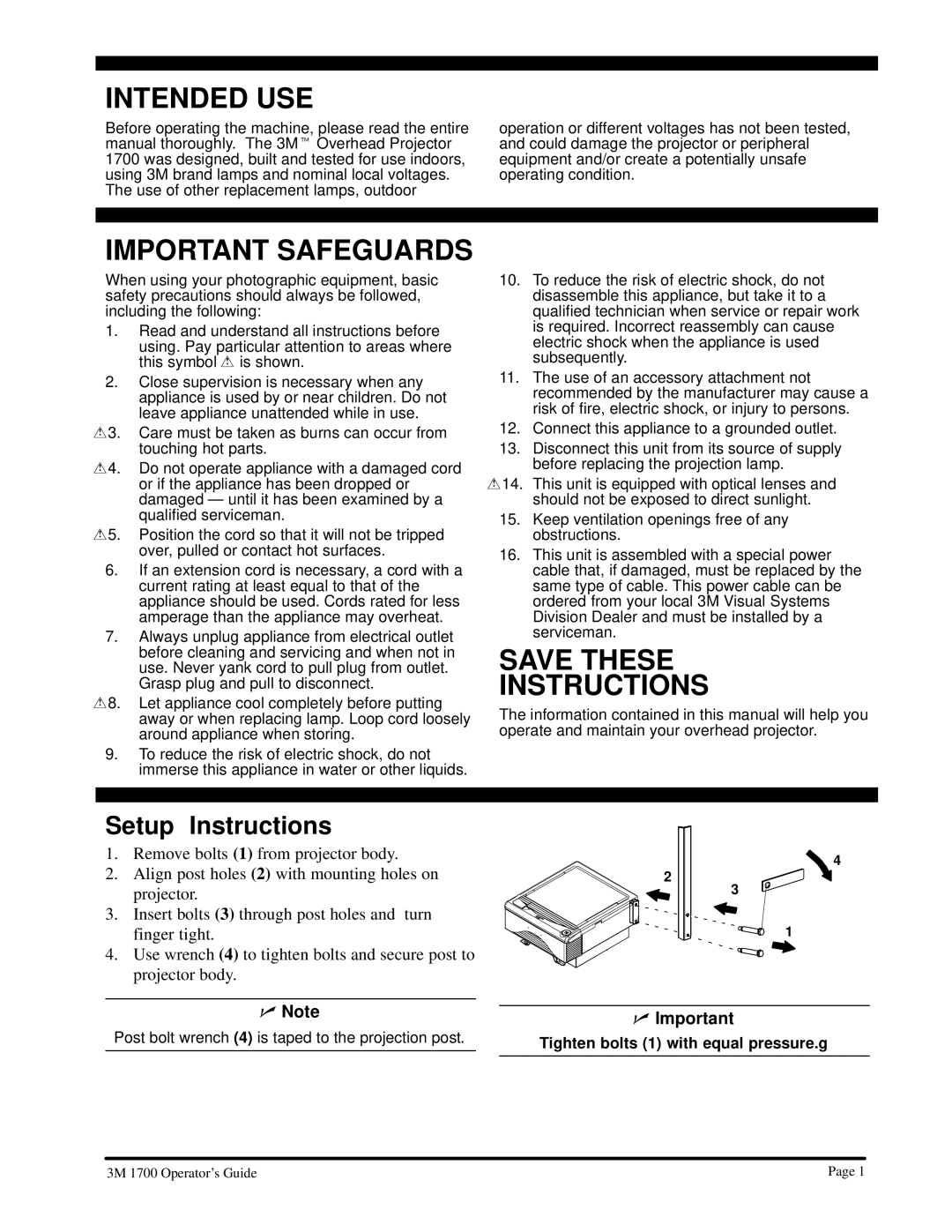 3M 3M 1700 manual Intended USE, Setup Instructions 