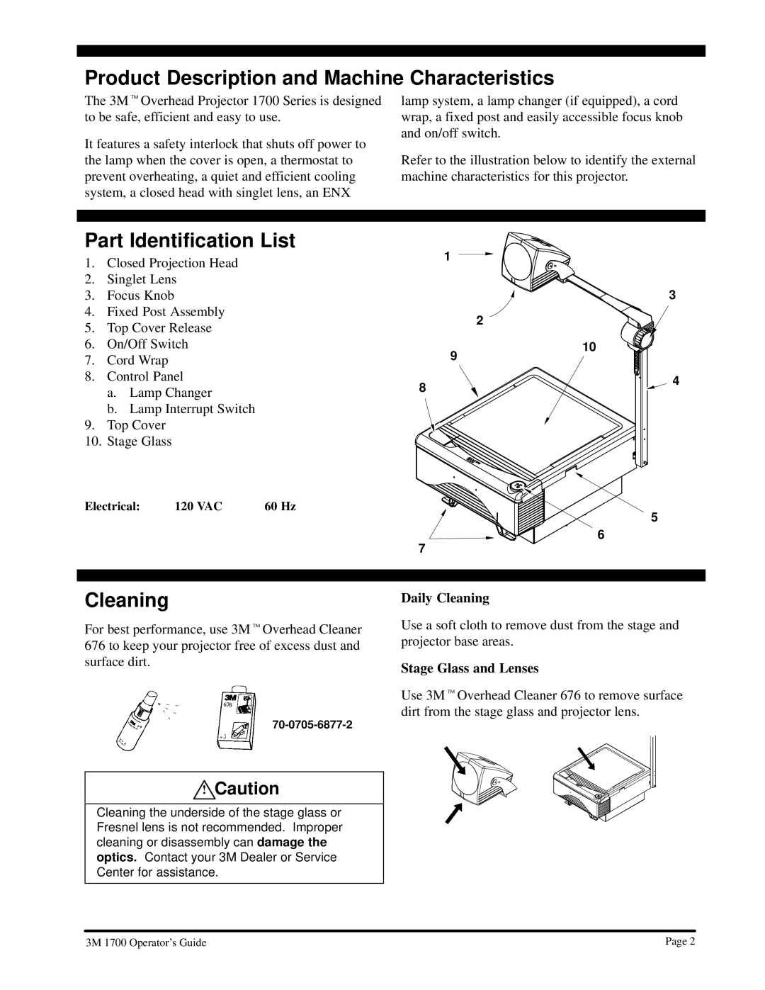 3M 3M 1700 manual Product Description and Machine Characteristics, Part Identification List, Cleaning 