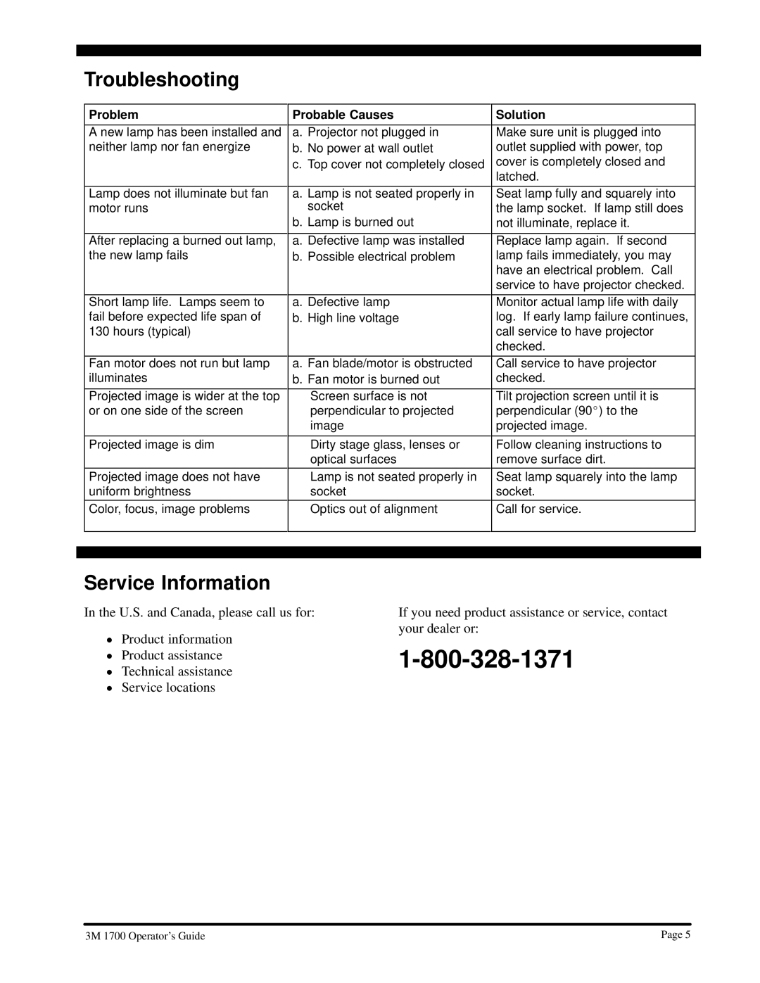 3M 3M 1700 manual Troubleshooting, Service Information 