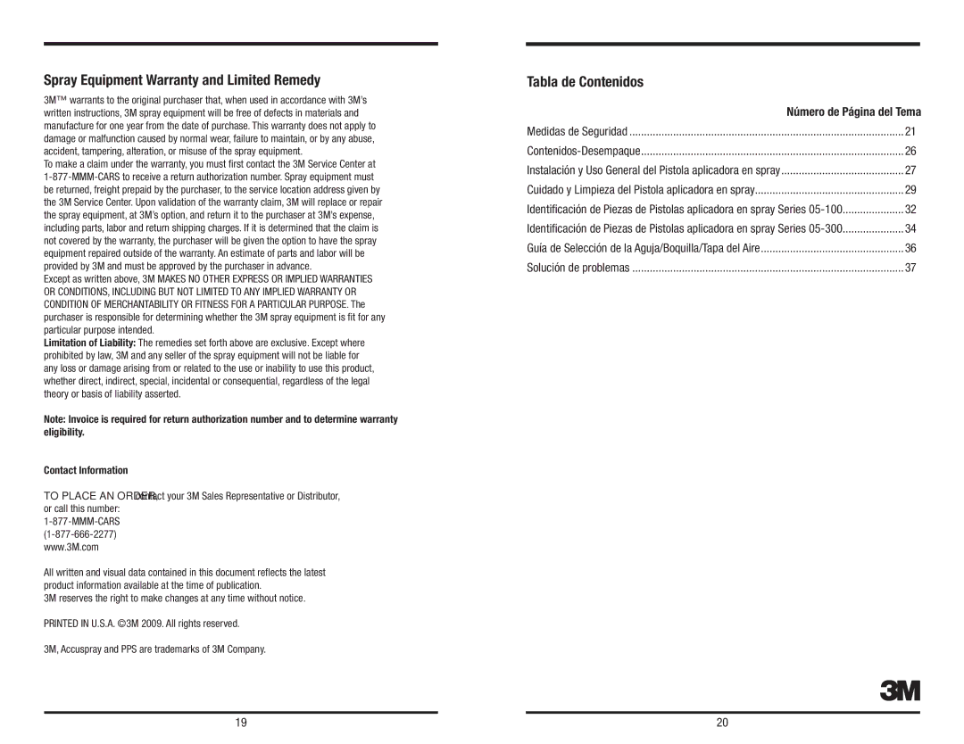 3M 3M owner manual Spray Equipment Warranty and Limited Remedy, Tabla de Contenidos 