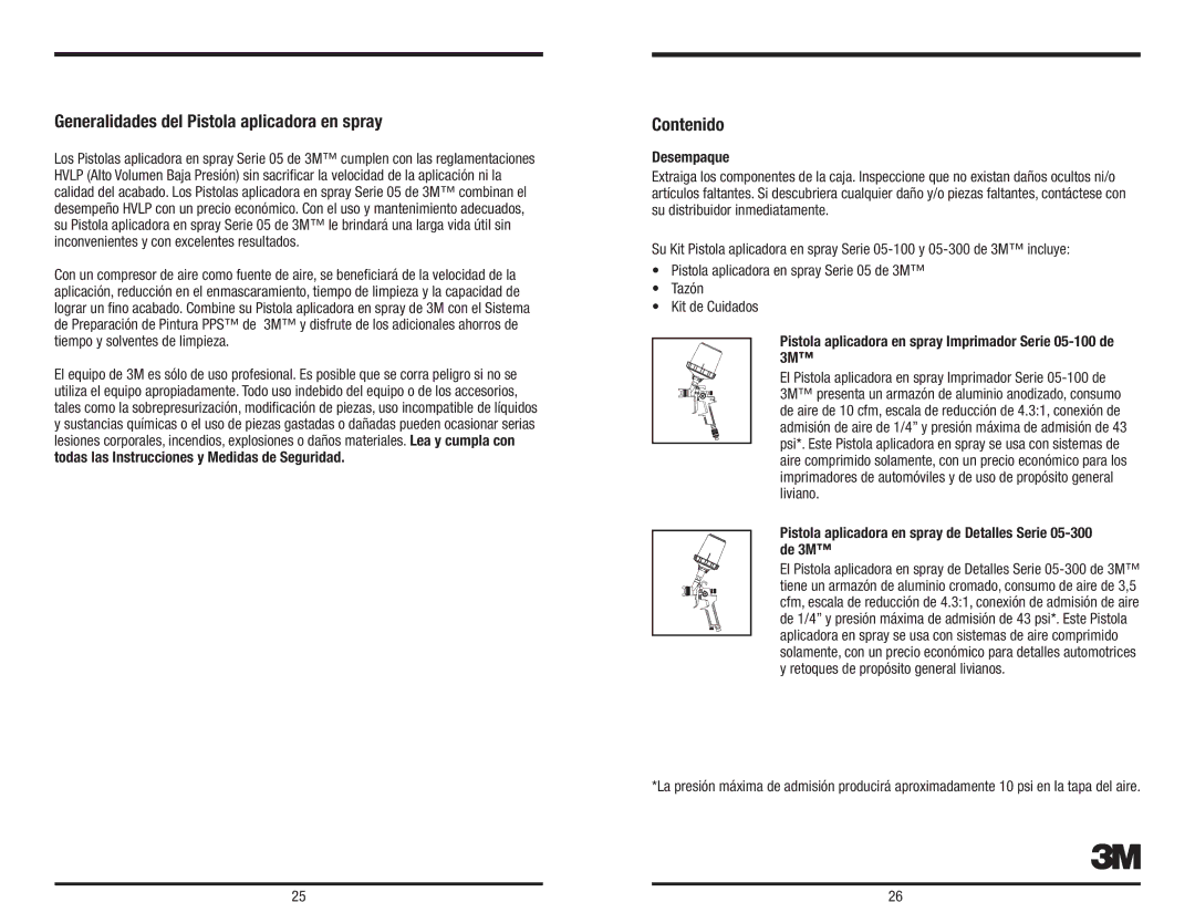 3M 3M owner manual Generalidades del Pistola aplicadora en spray, Contenido, Desempaque 