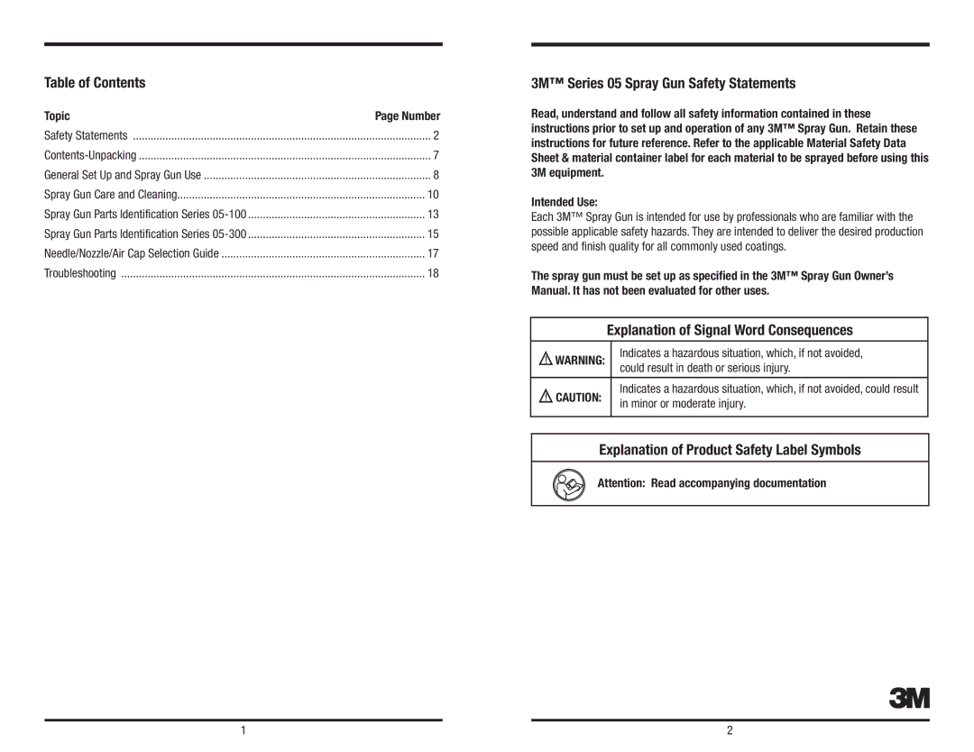 3M owner manual Table of Contents, 3M Series 05 Spray Gun Safety Statements, Explanation of Signal Word Consequences 