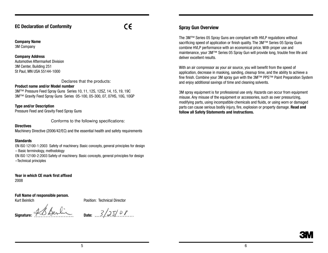 3M 3M owner manual EC Declaration of Conformity, Spray Gun Overview 