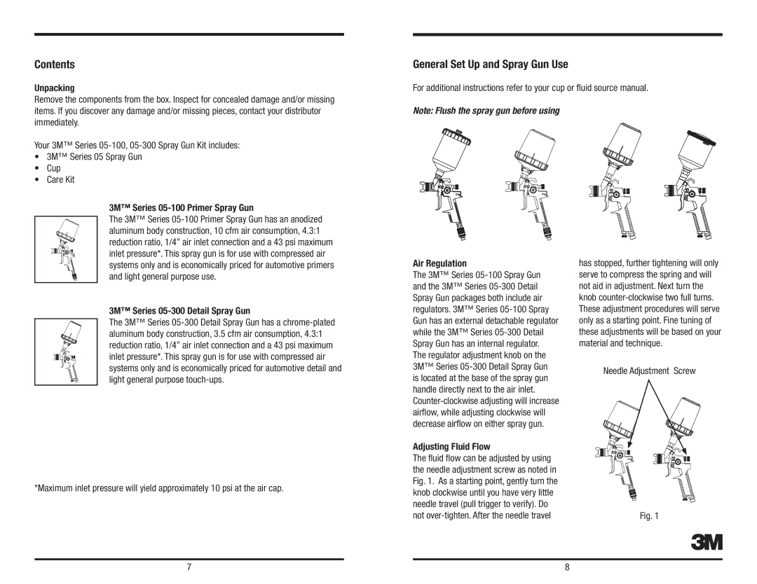 3M 3M owner manual Contents, General Set Up and Spray Gun Use 