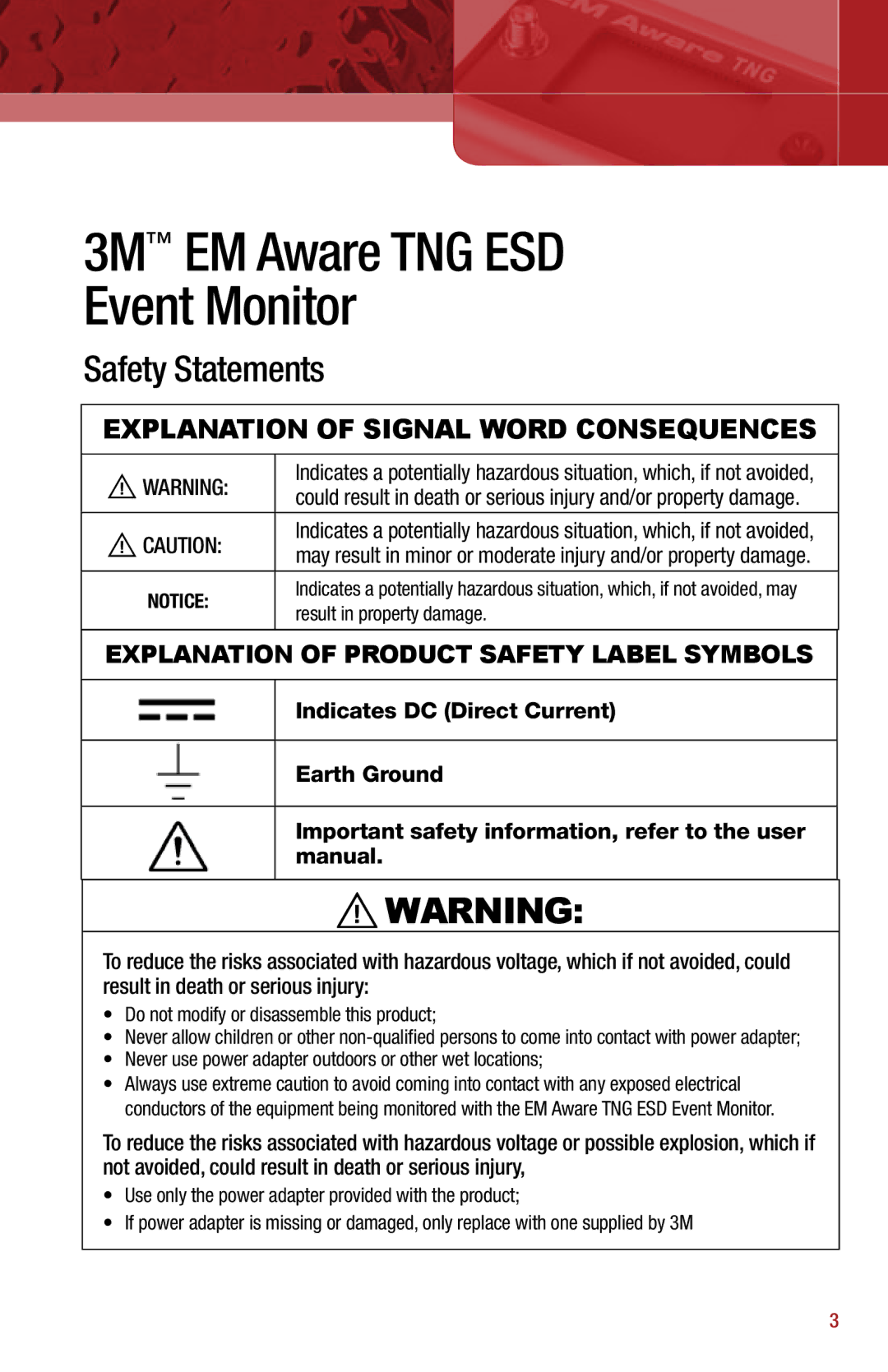 3M 3M034-030-TNG and 3M034-031-TNG, 3M034-3-TNG manual 3M EM Aware TNG ESD Event Monitor, Safety Statements 