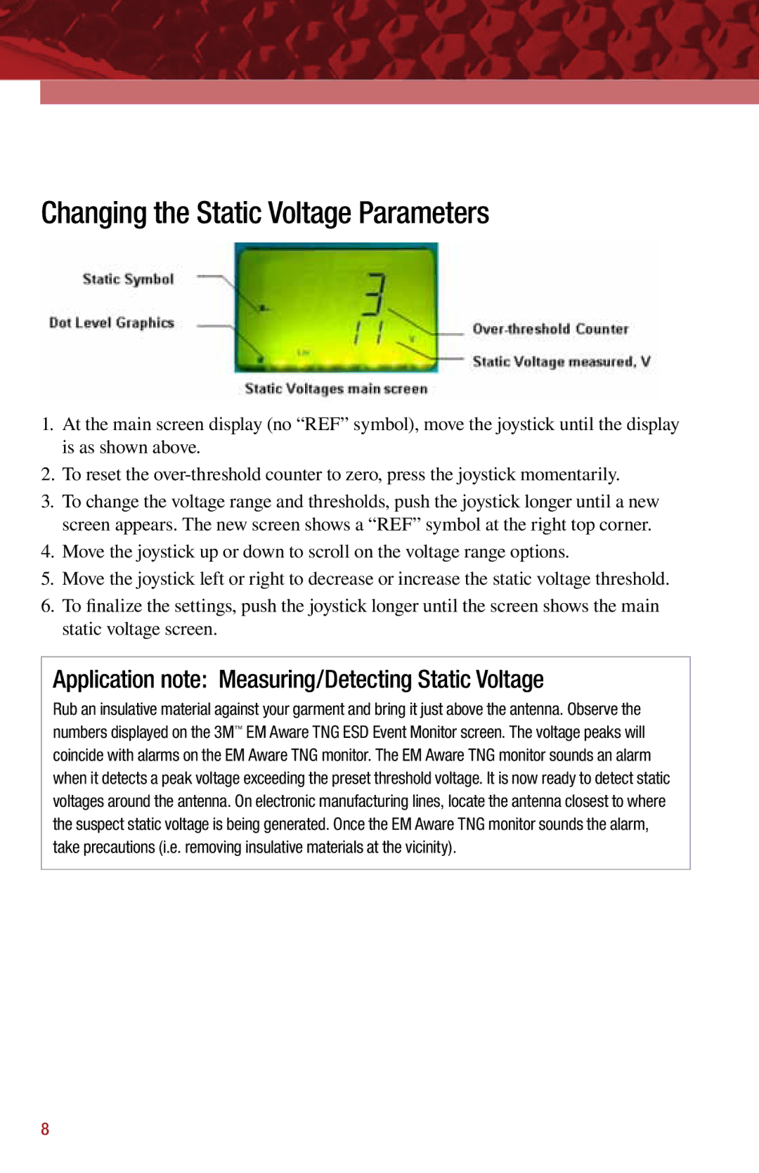 3M 3M034-3-TNG manual Changing the Static Voltage Parameters, Application note Measuring/Detecting Static Voltage 