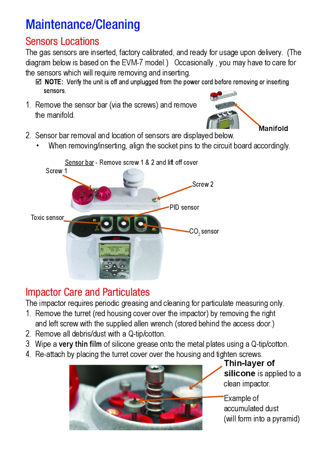 3M 3MTM quick start Maintenance/Cleaning, Sensors Locations, Impactor Care and Particulates 