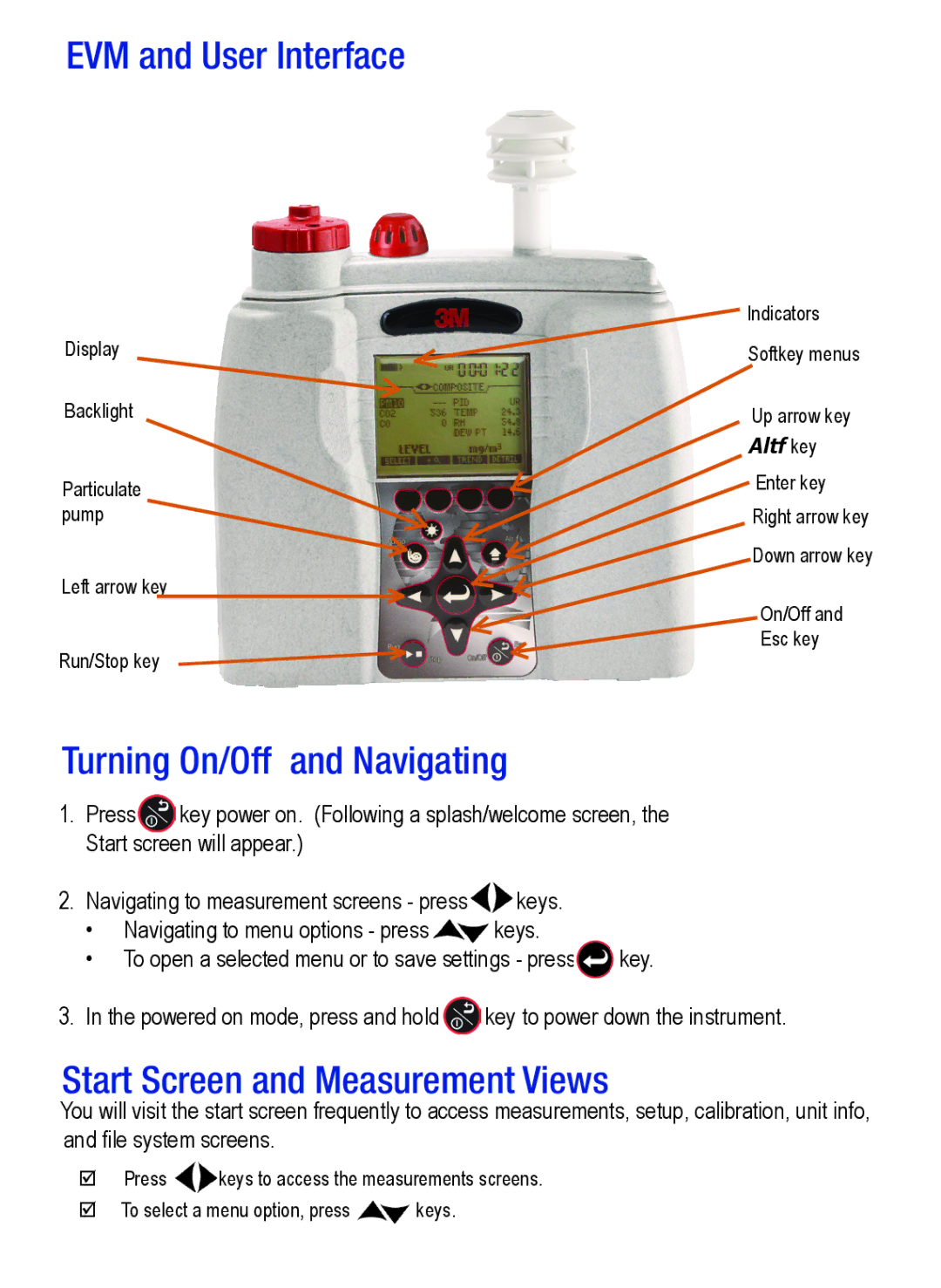 3M 3MTM quick start EVM and User Interface, Turning On/Off and Navigating, Start Screen and Measurement Views 