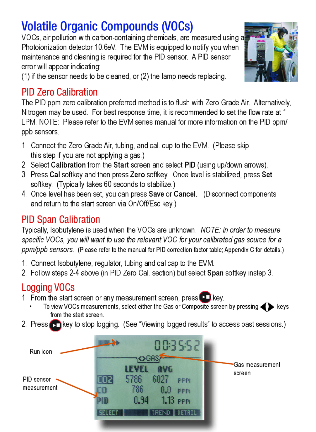 3M 3MTM quick start Volatile Organic Compounds VOCs, PID Zero Calibration, PID Span Calibration, Logging VOCs 