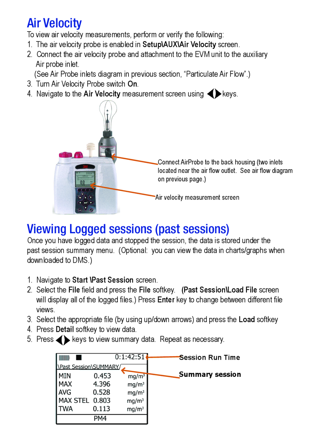 3M 3MTM quick start Air Velocity, Viewing Logged sessions past sessions, Navigate to Start \Past Session screen 