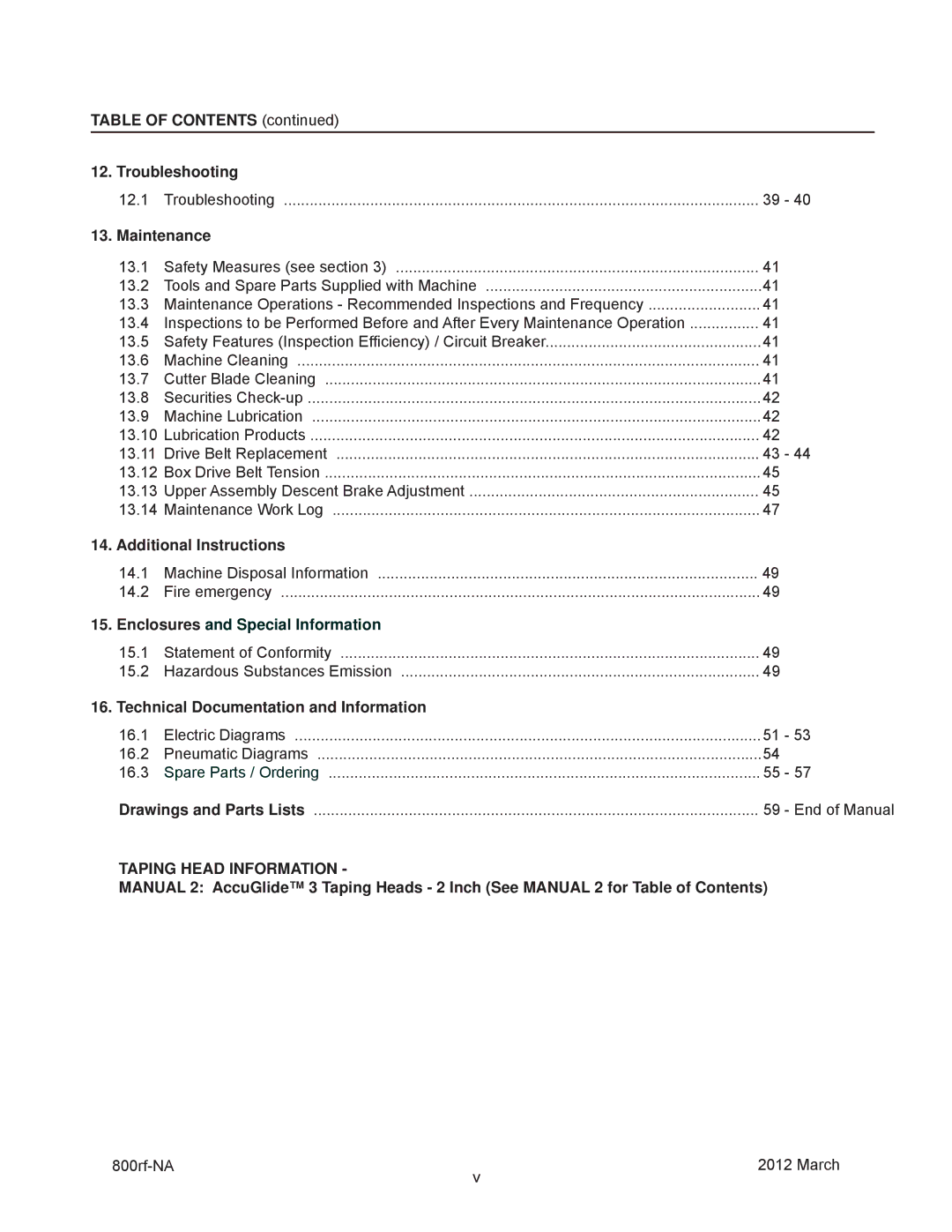 3M 800rf Table of Contents Troubleshooting, Maintenance, Additional Instructions, Technical Documentation and Information 