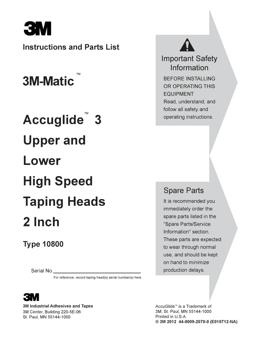 3M 800rf, 40800 manual 3M-Matic Accuglide Upper Lower High Speed Taping Heads Inch, 3M 2012 44-0009-2070-0 E010712-NA 