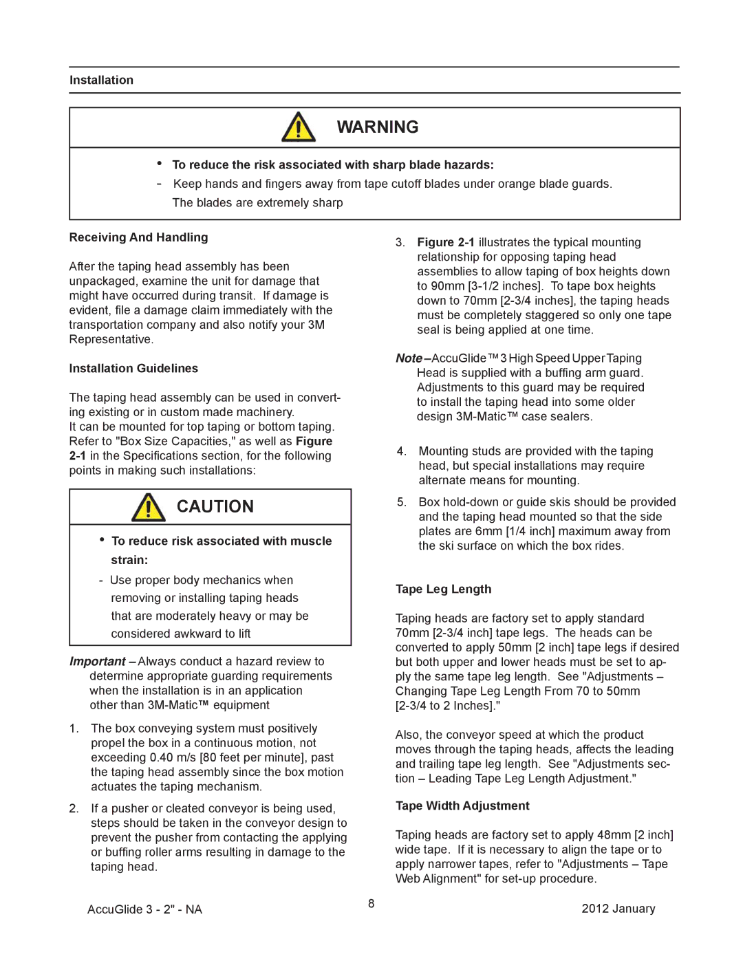 3M 40800 Receiving And Handling, Installation Guidelines, To reduce risk associated with muscle strain, Tape Leg Length 