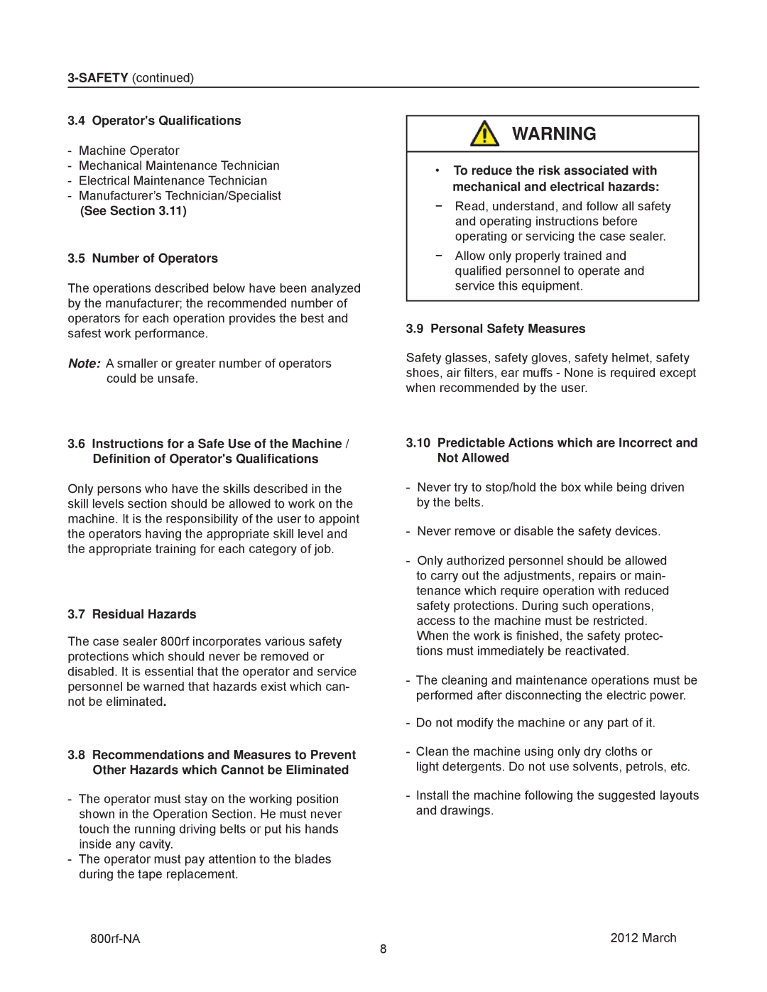 3M 40800, 800rf manual Operators Qualiﬁcations, See Section Number of Operators, Residual Hazards, Personal Safety Measures 