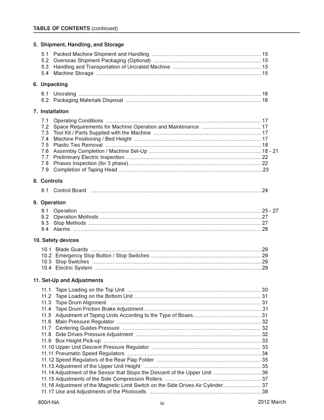 3M 800rf Table of Contents, Shipment, Handling, and Storage, Unpacking, Installation, Controls, Operation, Safety devices 