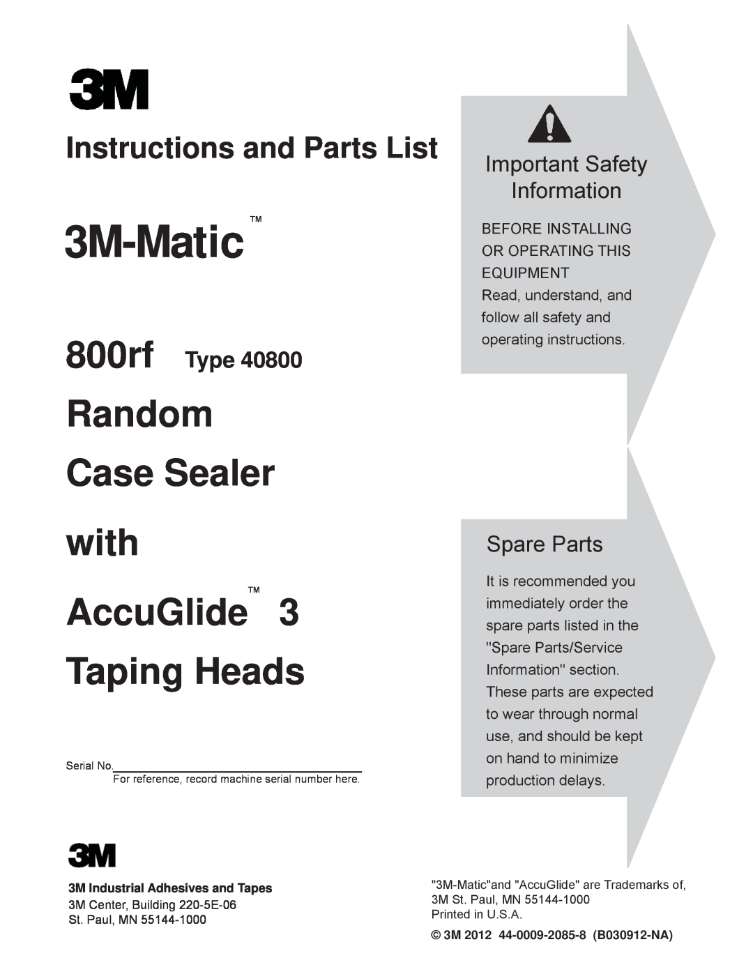 3M 40800 operating instructions Adjustable, Case Sealer, with, AccuGlide, Taping Heads, Important Safety, Information 