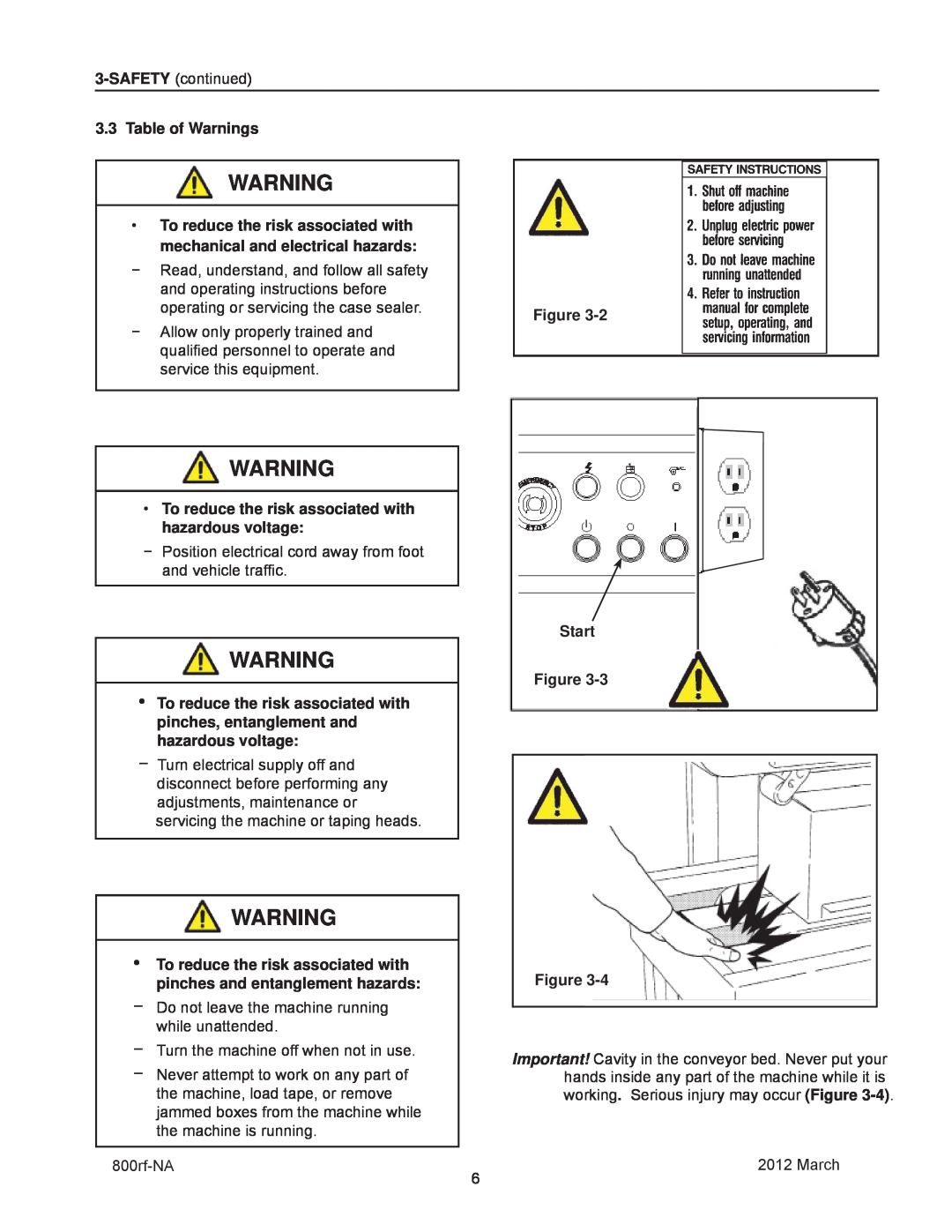 3M 40800, 800rf manual Table of Warnings, To reduce the risk associated with mechanical and electrical hazards, Start 