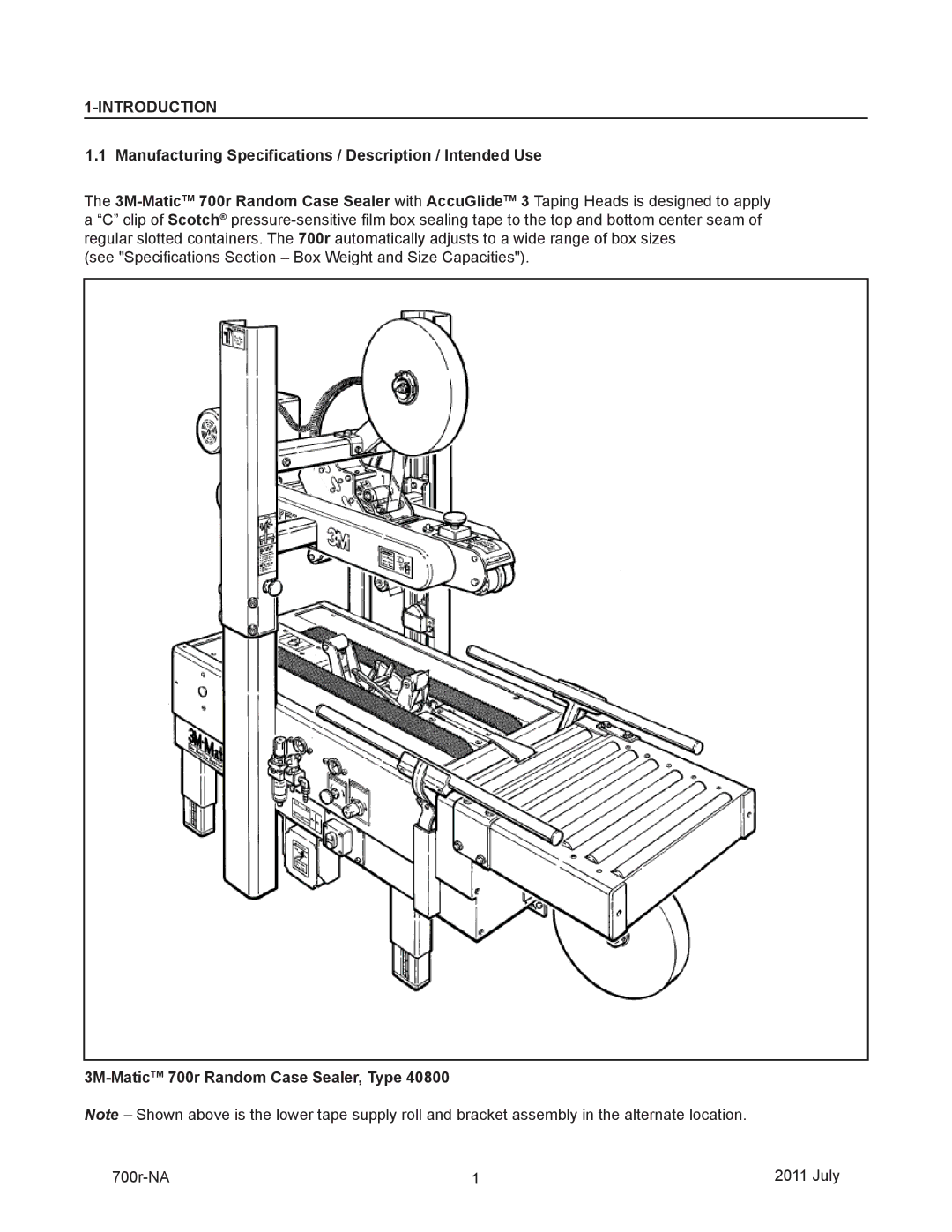 3M 40800 Introduction, Manufacturing Specifications / Description / Intended Use, 3M-MaticTM700r Random Case Sealer, Type 