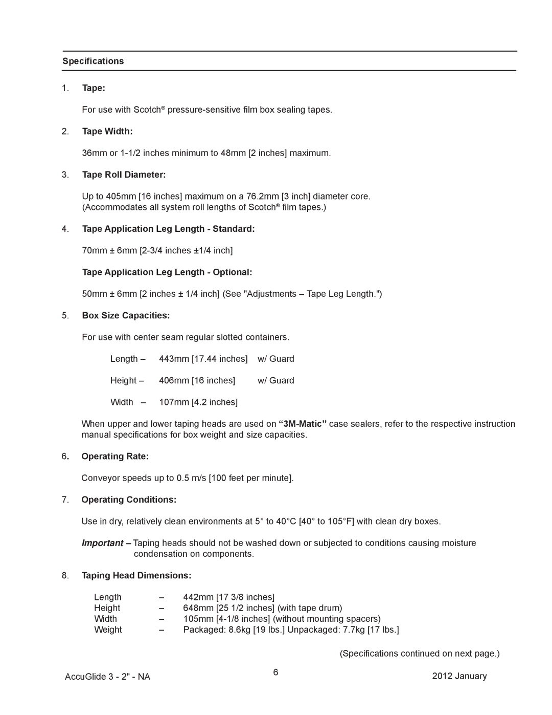 3M 40800 operating instructions Specifications Tape, Box Size Capacities, Taping Head Dimensions 