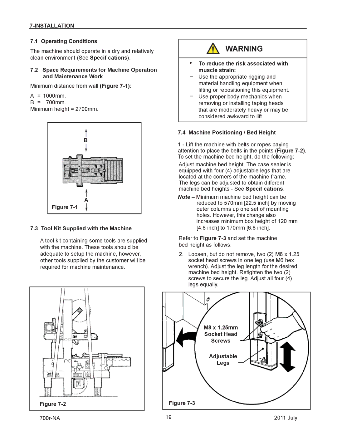 3M 40800 operating instructions Installation, Machine Positioning / Bed Height, Tool Kit Supplied with the Machine 