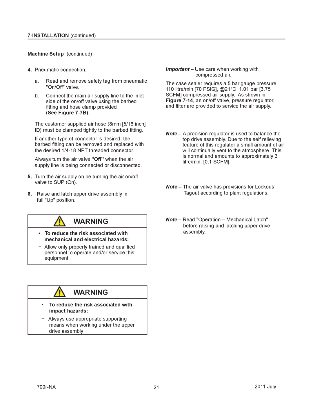 3M 40800 operating instructions Installation Machine Setup, See -7B, To reduce the risk associated with impact hazards 