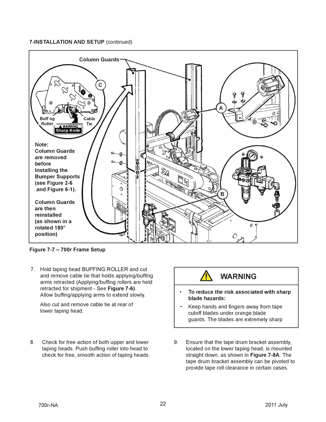 3M 40800 operating instructions Installation and Setup Column Guards, 700r Frame Setup 