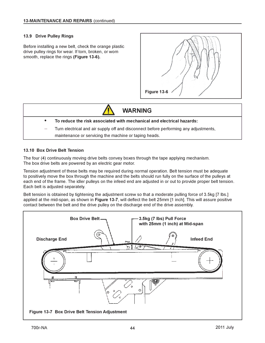 3M 40800 operating instructions Maintenance and Repairs Drive Pulley Rings, Box Drive Belt Tension 