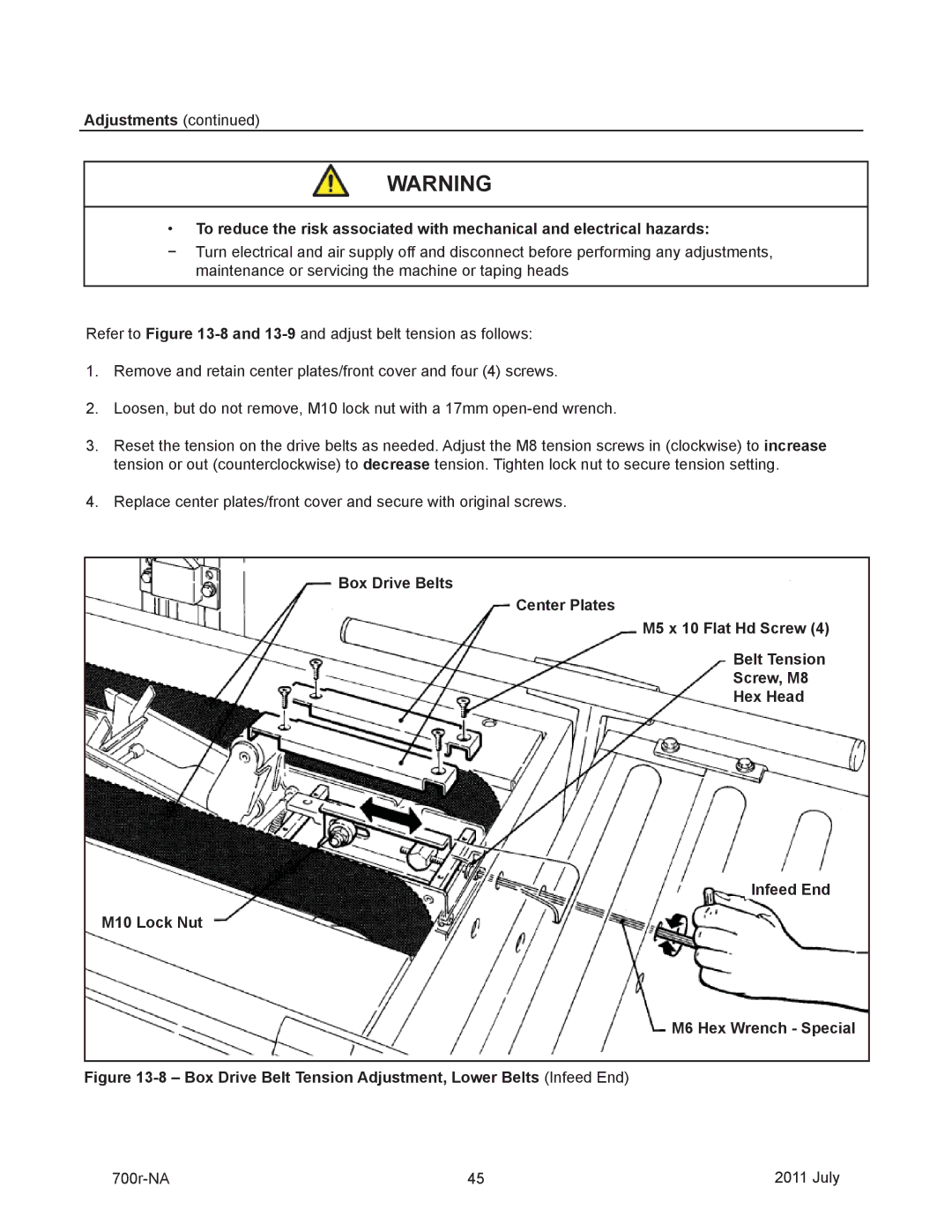 3M 40800 operating instructions Box Drive Belt Tension Adjustment, Lower Belts Infeed End 