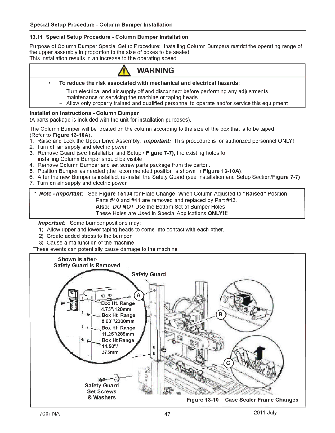 3M 40800 operating instructions Special Setup Procedure Column Bumper Installation, Installation Instructions Column Bumper 