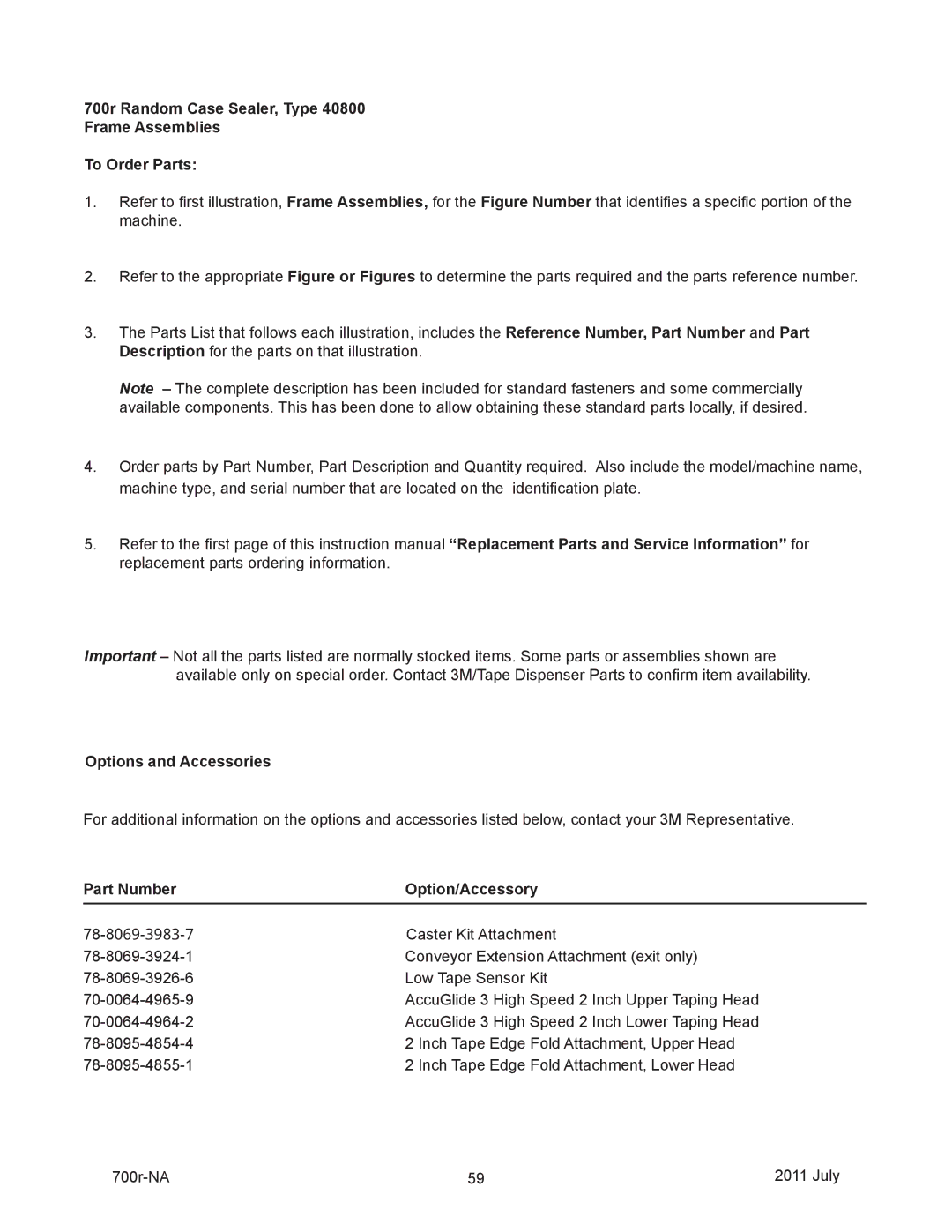 3M 40800 operating instructions Options and Accessories, Part Number Option/Accessory 