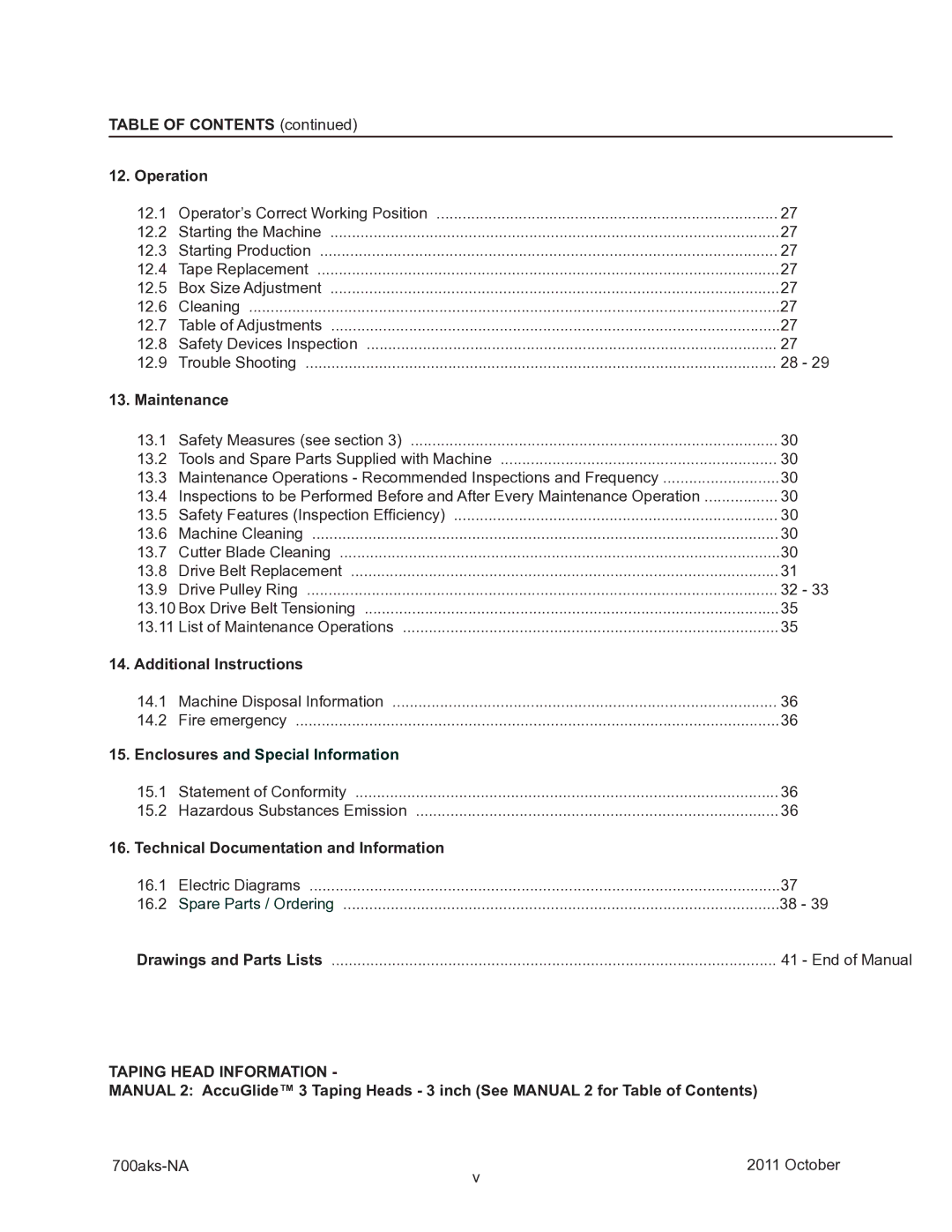 3M 40800 Table of Contents Operation, Maintenance, Additional Instructions, Technical Documentation and Information 