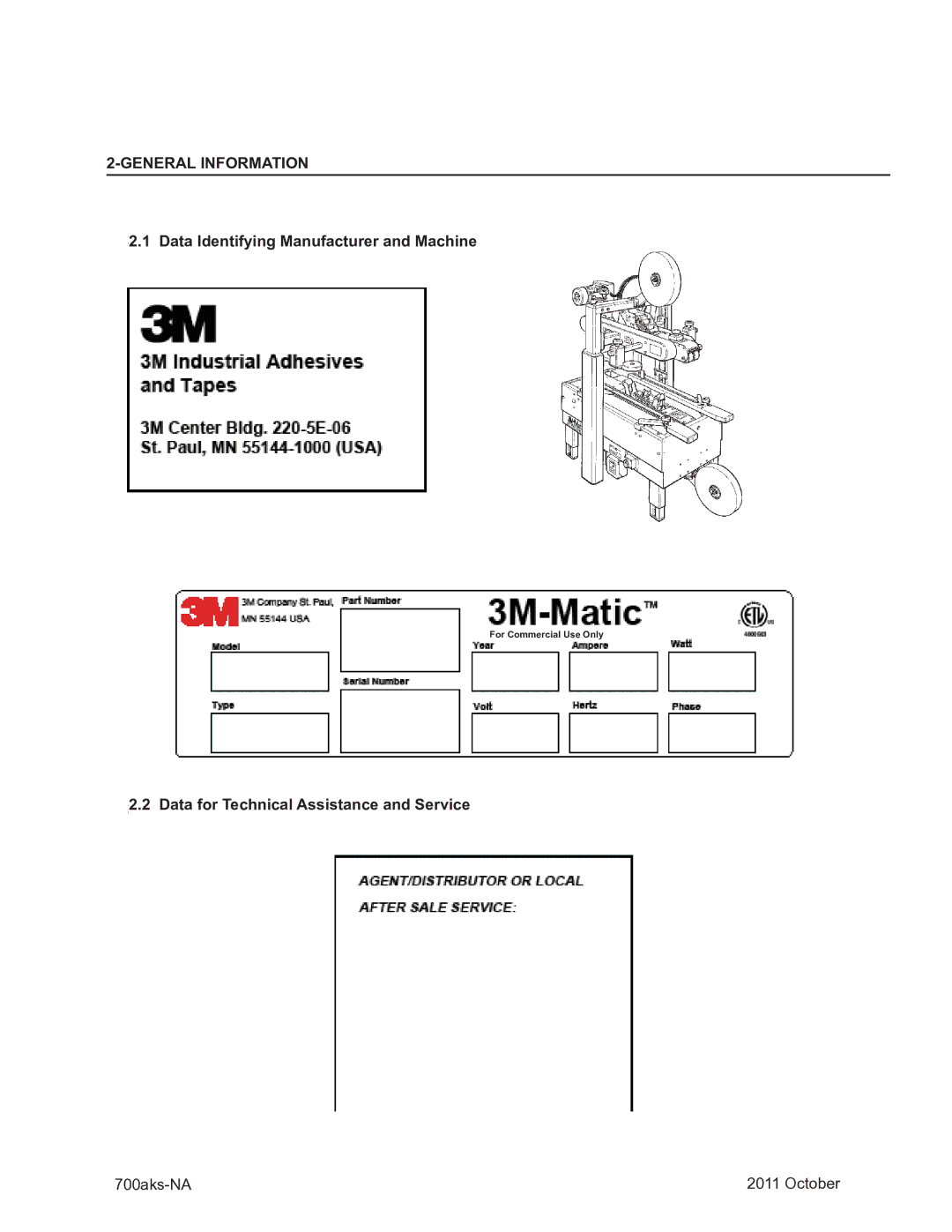 3M 40800 General Information, Data Identifying Manufacturer and Machine, Data for Technical Assistance and Service 