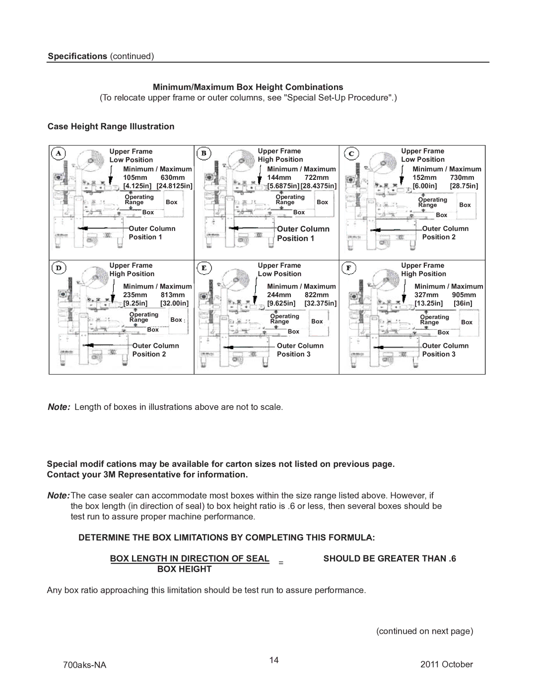 3M 40800 operating instructions Specifications Minimum/Maximum Box Height Combinations, Case Height Range Illustration 