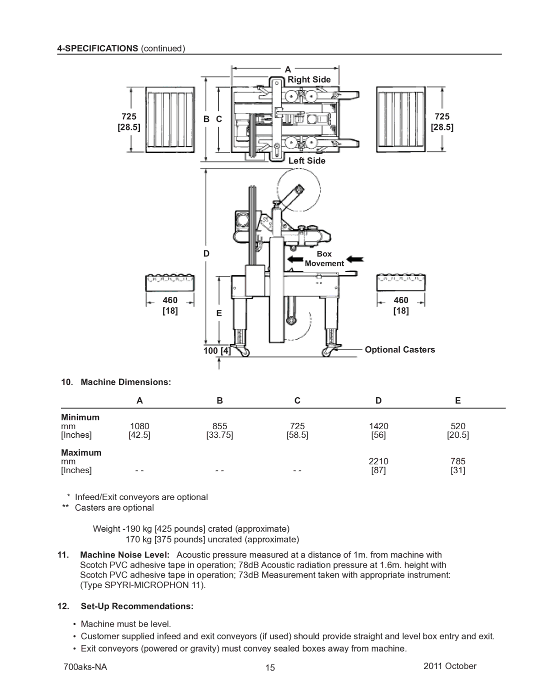 3M 40800 Specifications, Right Side 725 28.5 Left Side, Optional Casters 100 Machine Dimensions Minimum 