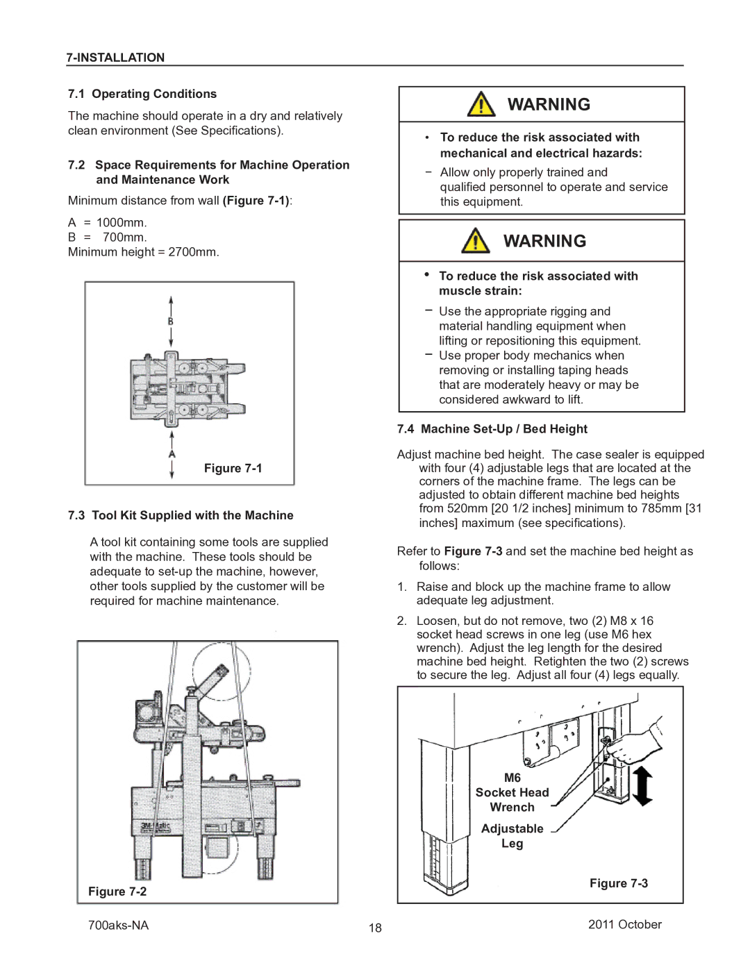 3M 40800 Installation, Tool Kit Supplied with the Machine, Machine Set-Up / Bed Height, Socket Head Wrench Adjustable Leg 