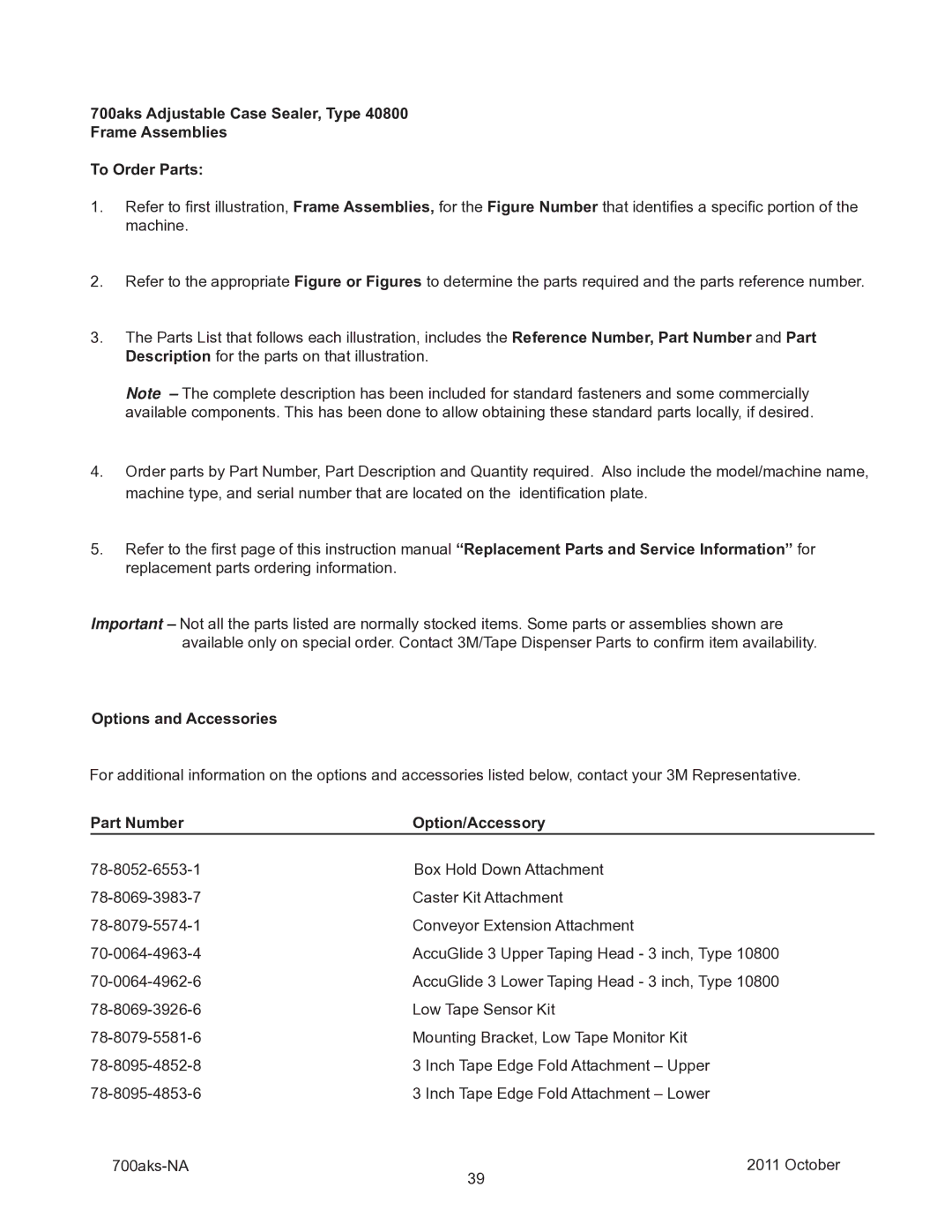 3M 40800 operating instructions Options and Accessories, Part Number Option/Accessory 