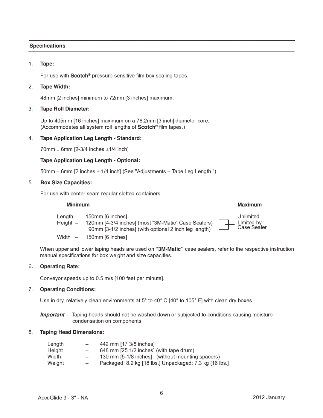 3M 40800 operating instructions Speciﬁcations Tape, Box Size Capacities, Operating Rate, Taping Head Dimensions 