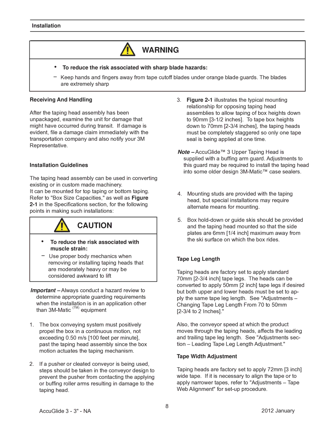 3M 40800 operating instructions Receiving And Handling, Installation Guidelines, Tape Leg Length, Tape Width Adjustment 